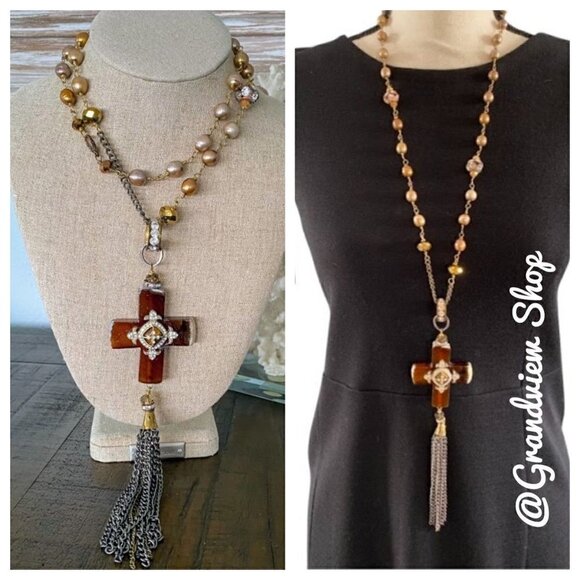 Vintage Jewelry - Vintage Amber Cross Necklace Freshwater Pearl Tassel Pendant